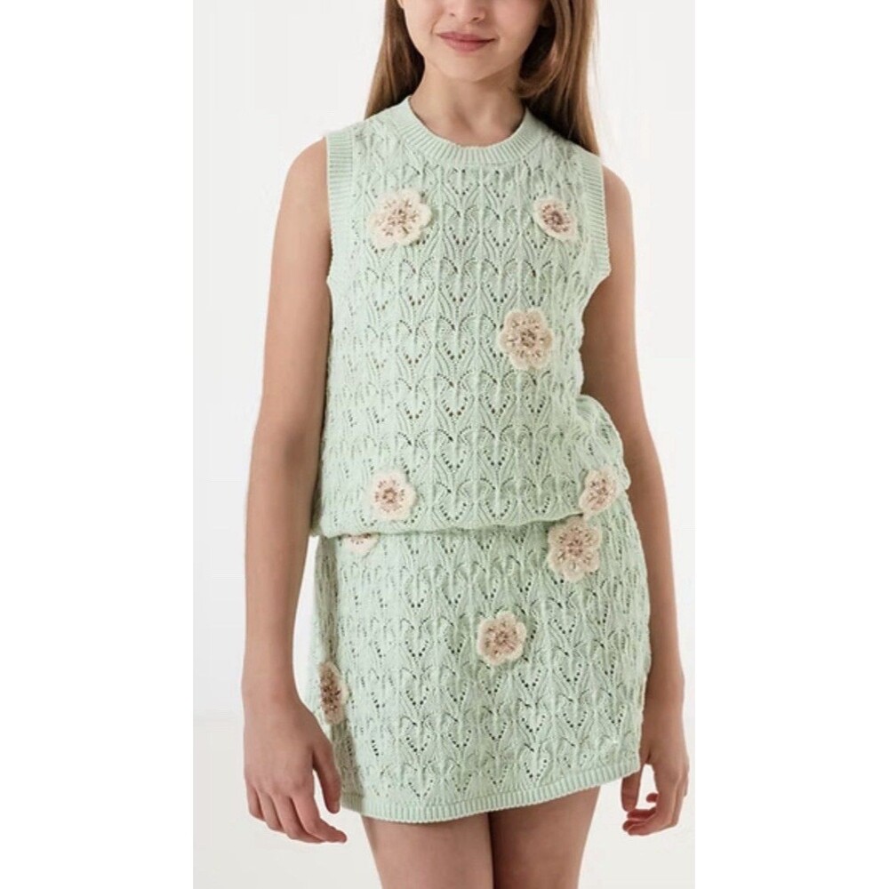 Zara Girls Floral Crochet Knit 2 Piece Set Top & Skirt Size 11-12 Years 148cm
